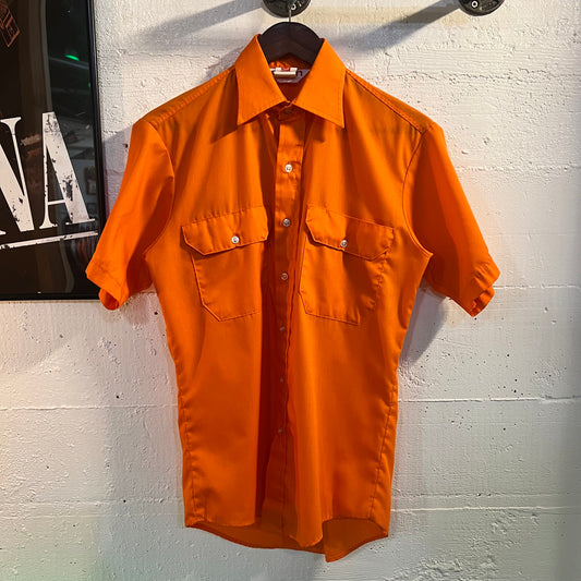 Vintage 1970's Lion Workwear Short Sleeve Button Up Shirt - Size Small - Made In USA - Bright Orange