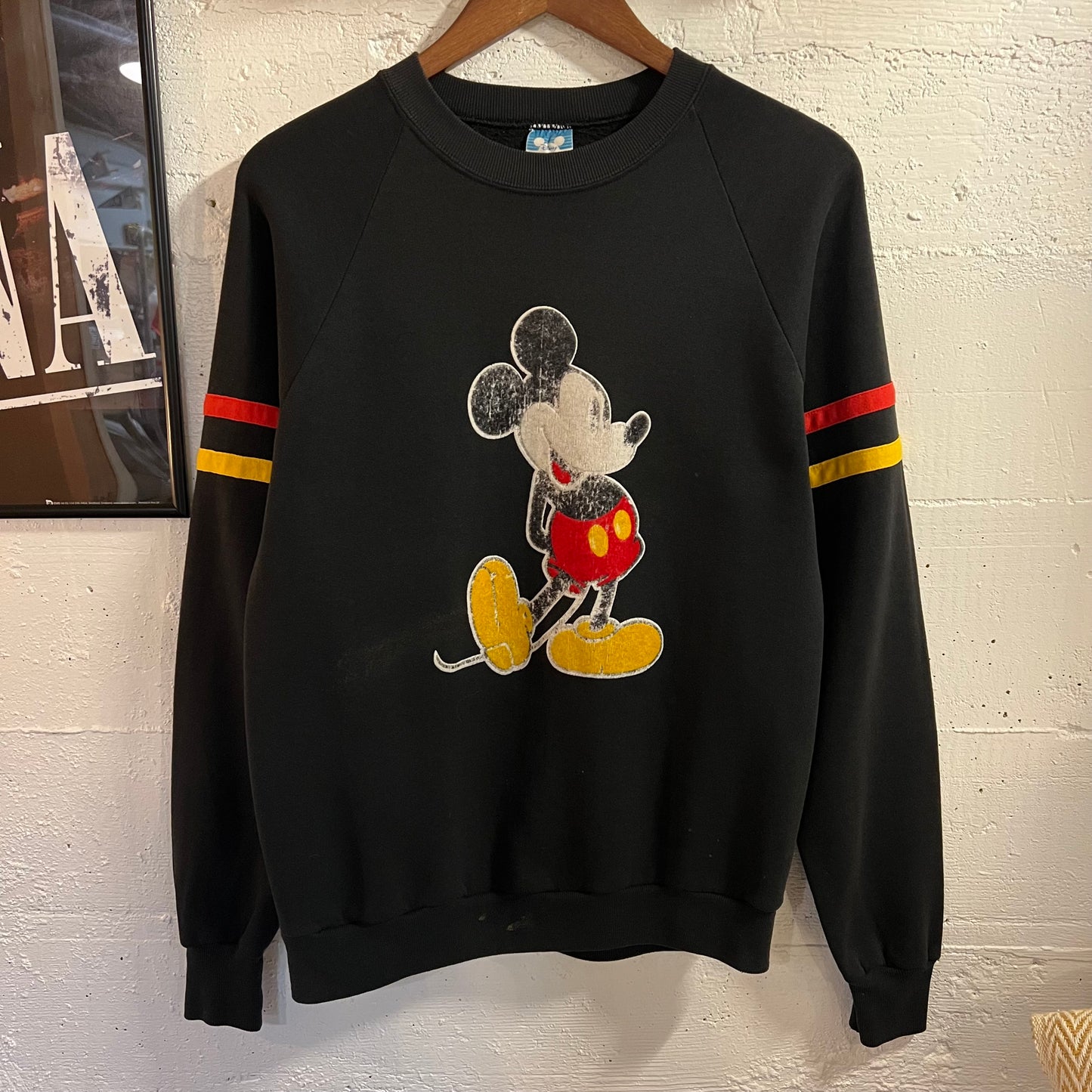 Vintage 80’s Distressed Disney Mickey Mouse Raglan Sleeve Crewneck Sweatshirt - Size Large - Made In USA - Black/Red/Yellow/White