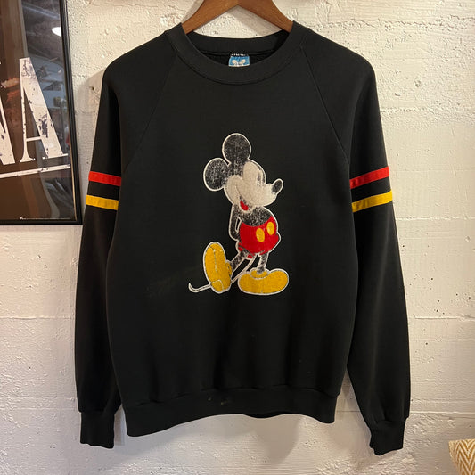 Vintage 80’s Distressed Disney Mickey Mouse Raglan Sleeve Crewneck Sweatshirt - Size Large - Made In USA - Black/Red/Yellow/White