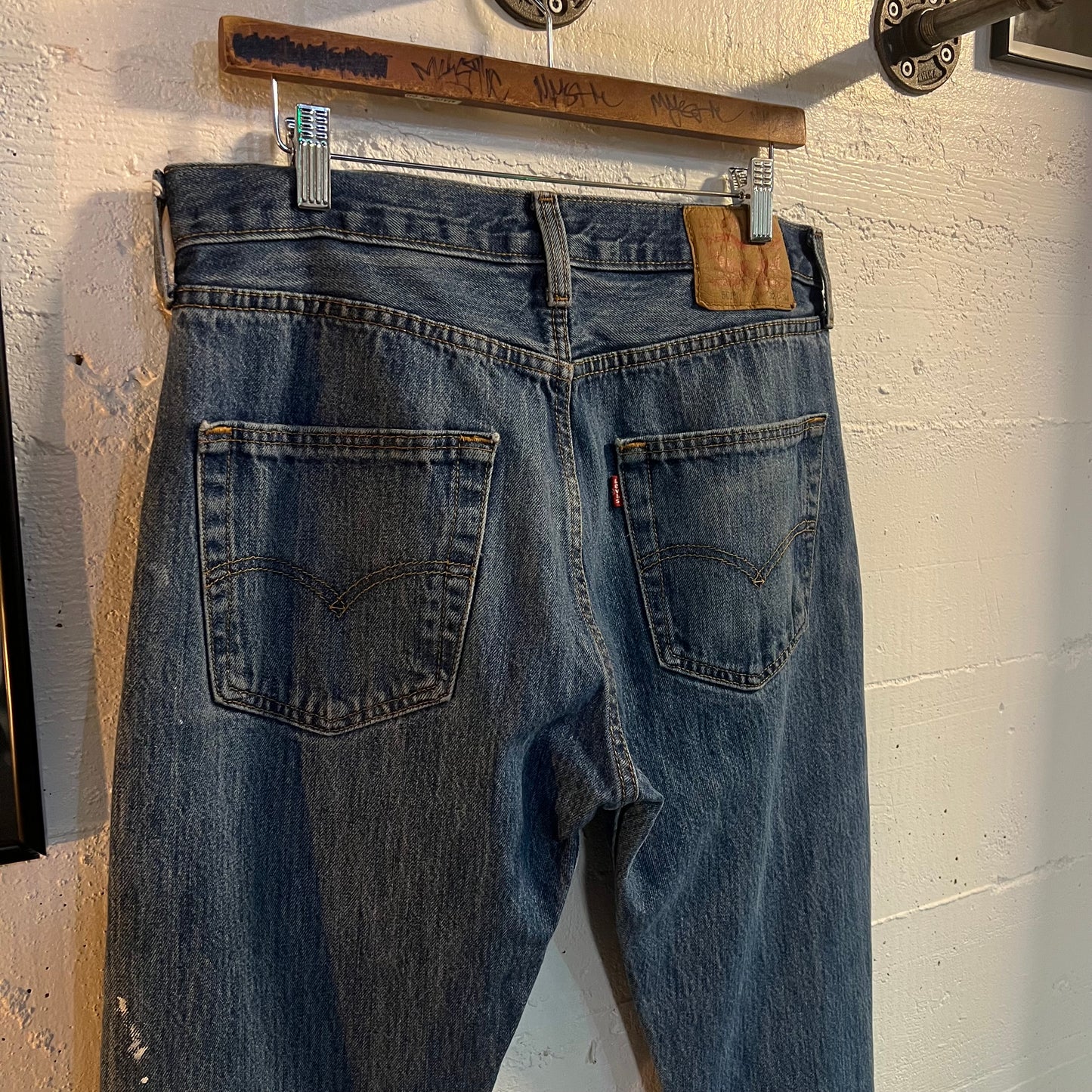 Distressed Levi's 501 Medium Stonewash Denim Jean - Size 32"x34" - Light Blue Indigo