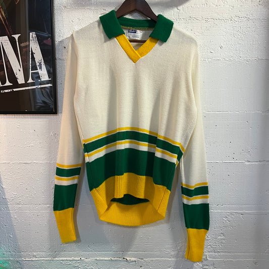 Vintage 1980's Dehen Knit Collared Striped Cheerleading Sweater - Size Medium - Made In USA - Green/Gold/White