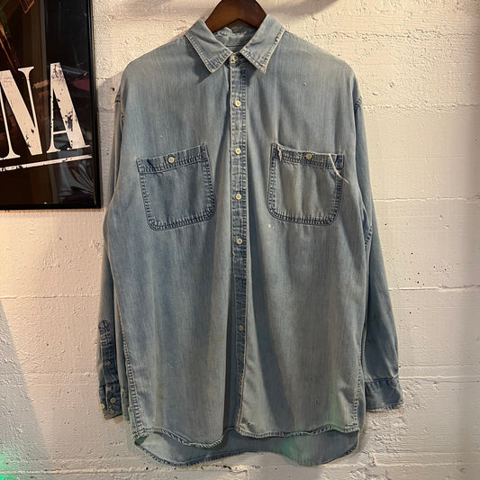 Vintage 90's Distressed Camel Embroidered Joe Camel Button Up Denim Shirt - Size Large - Indigo