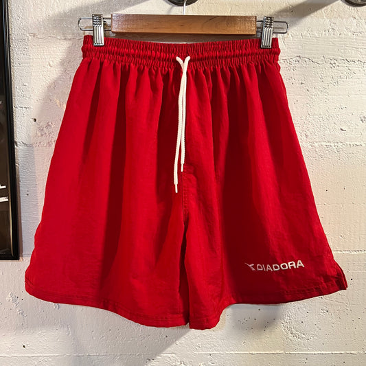 Vintage 90's Diadora Embroidered Logo Nylon Athletic Shorts - Size Small - Red/White