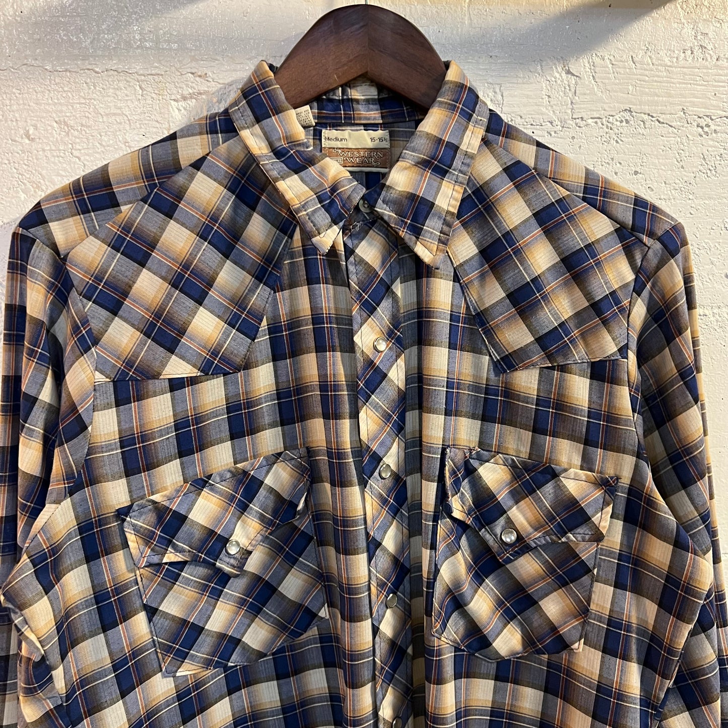 True Vintage 60's - 70's Sears Western Wear Plaid Pearl Snap Flannel - Size Medium - Made In USA - Blue/White/Yellow/Orange
