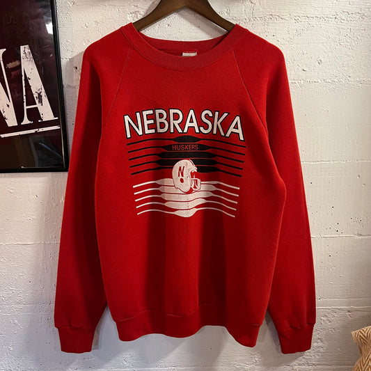 Vintage 80’s Nebraska Huskers Football Raglan Crewneck Sweatshirt - Size Large - Made In USA - Red/White/White