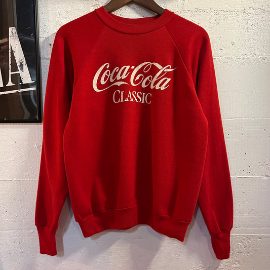 Vintage 80’s Coca-Cola Classic Raglan Crewneck Sweatshirt - Size Large - Made In USA - Red/White