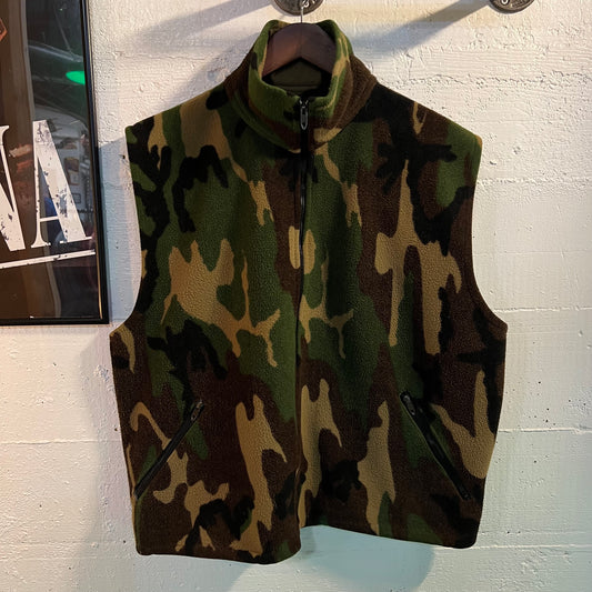 Vintage WFS (World Famous Skiing) Woodland Camo Zip Up Fleece Vest Gilet - Size Large - Made In USA