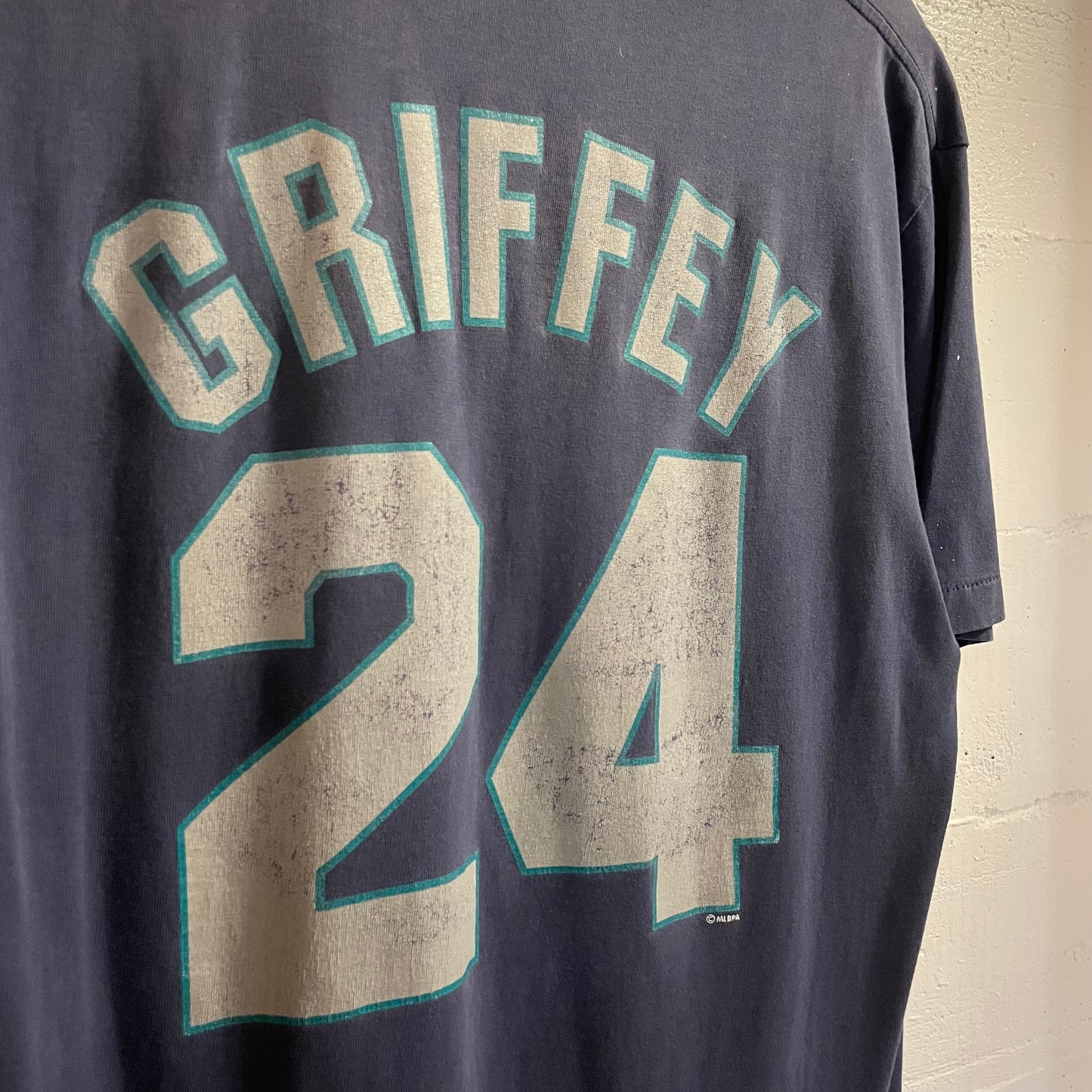 Vintage 90’s Distressed Seattle Mariners MLB ‘Griffey #24’ Single Stitch T-Shirt - Size Large - Made In USA - Navy/Teal/Silver