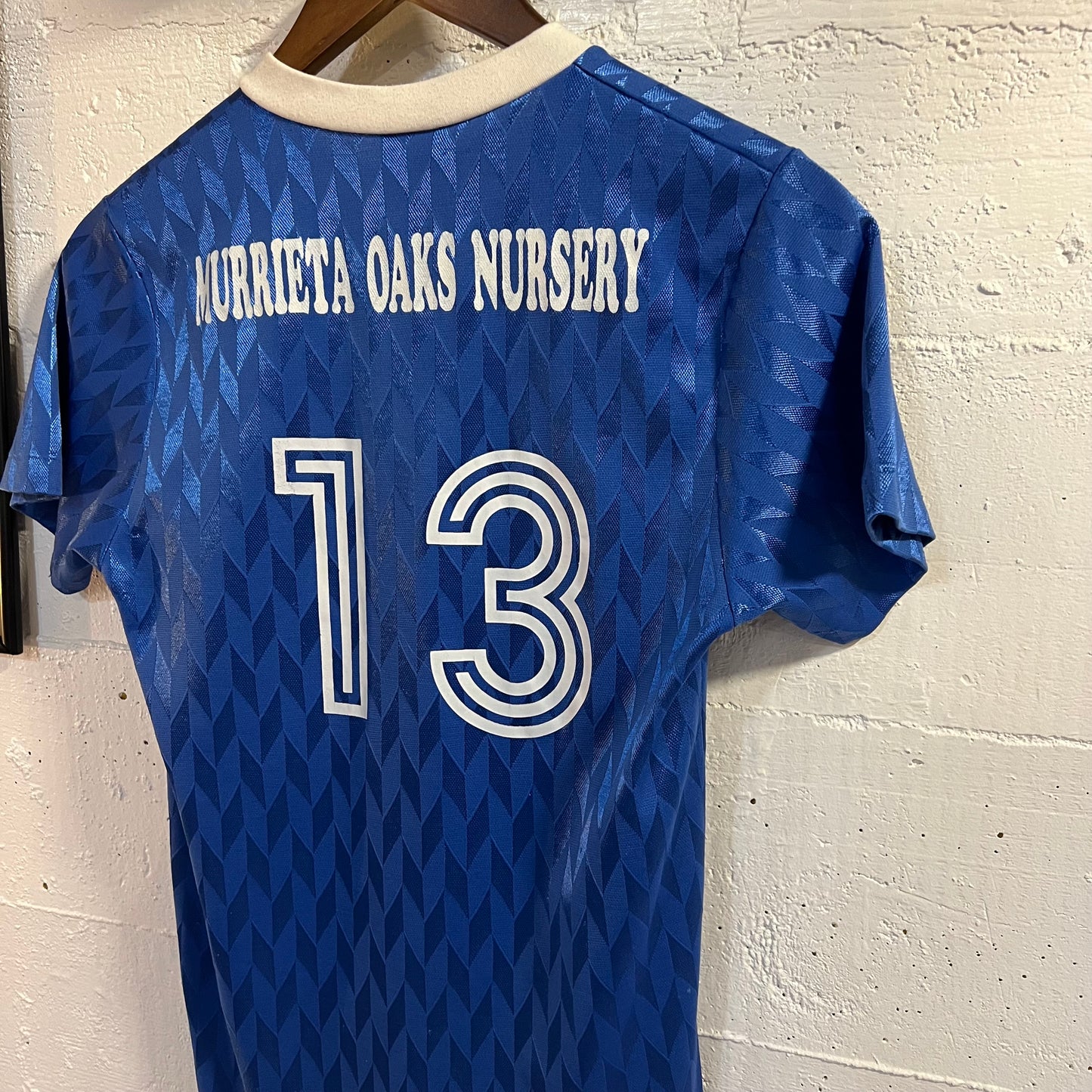 Vintage 90’s Umbro ‘Murrieta Oaks Nursery’ #13 Soccer Jersey - Size Youth Large - Made In USA - Blue/White