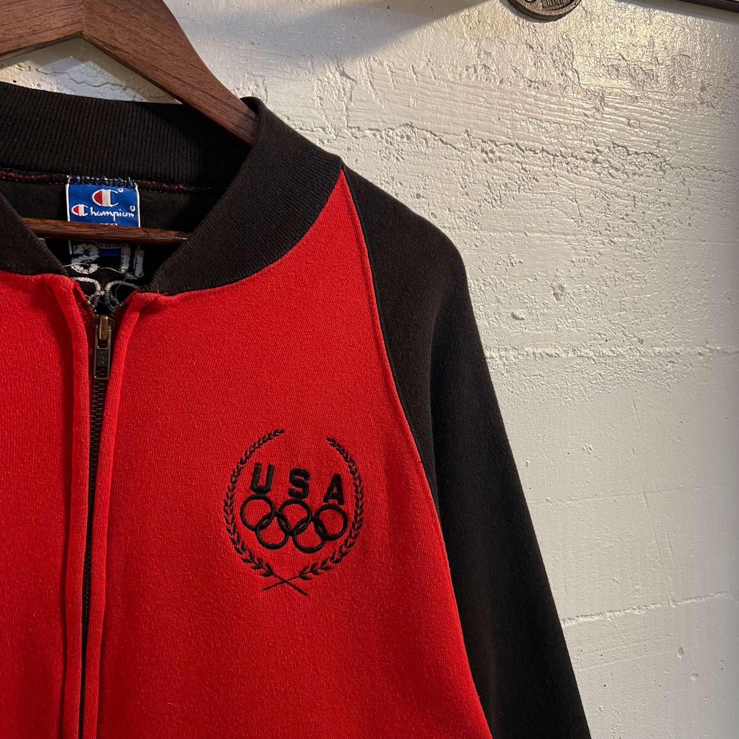 Vintage Embroidered Champion Olympic Zippered Crewneck Sweatshirt - Size Large - Made In USA - Black/Red
