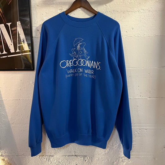 Vintage 1985 Hanes ‘Oregonians Walk On Water’ Raglan Sleeve Crewneck Sweatshirt - Size XL - Made In USA - Blue/White