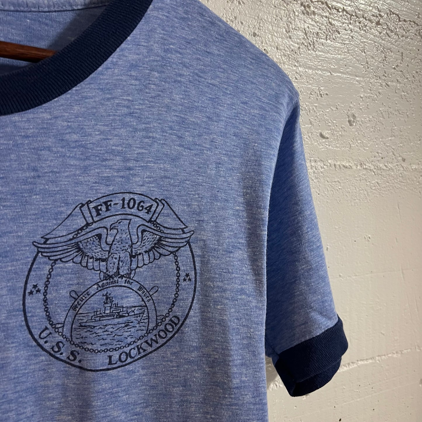 True Vintage 70's/80's U.S.S. Lockwood FF-1064 50/50 Blend Ringer T-Shirt - Size Medium - Made In USA - Heather Blue