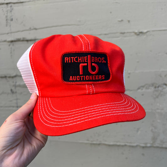 Vintage 80's Union Made K-Brand/K-Products 'Ritchie Bros' Contrast Stitch 2-Tone Mesh Back Trucker Hat - O/S - Made In USA - Orange/White