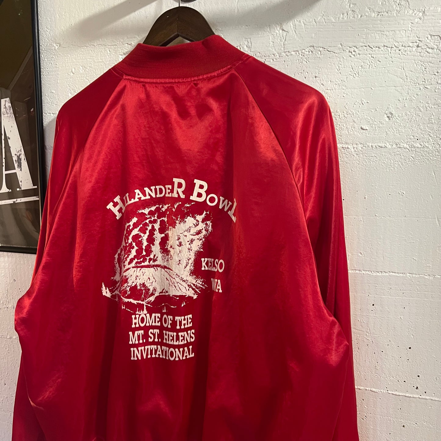 Vintage 1980's Highlander Bowl Mt. St Helens Invitational 'Kelso WA' Satin Bomber Jacket - Size XL - Union Made In USA - Red/White