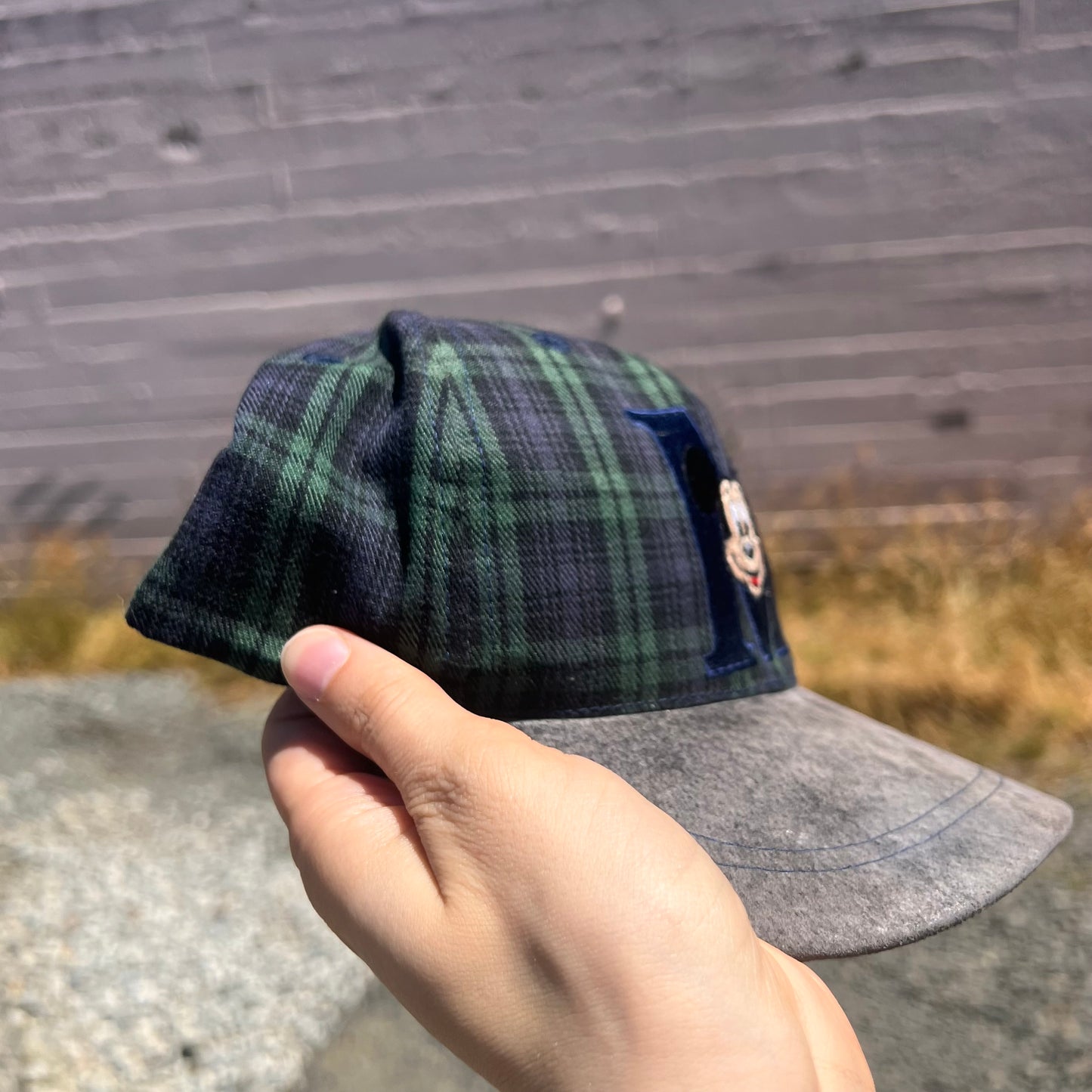 Vintage Mickey Mouse 'M' Disney Plaid Suede Bill Snapback Hat - OSFA - Blue/Green/Black