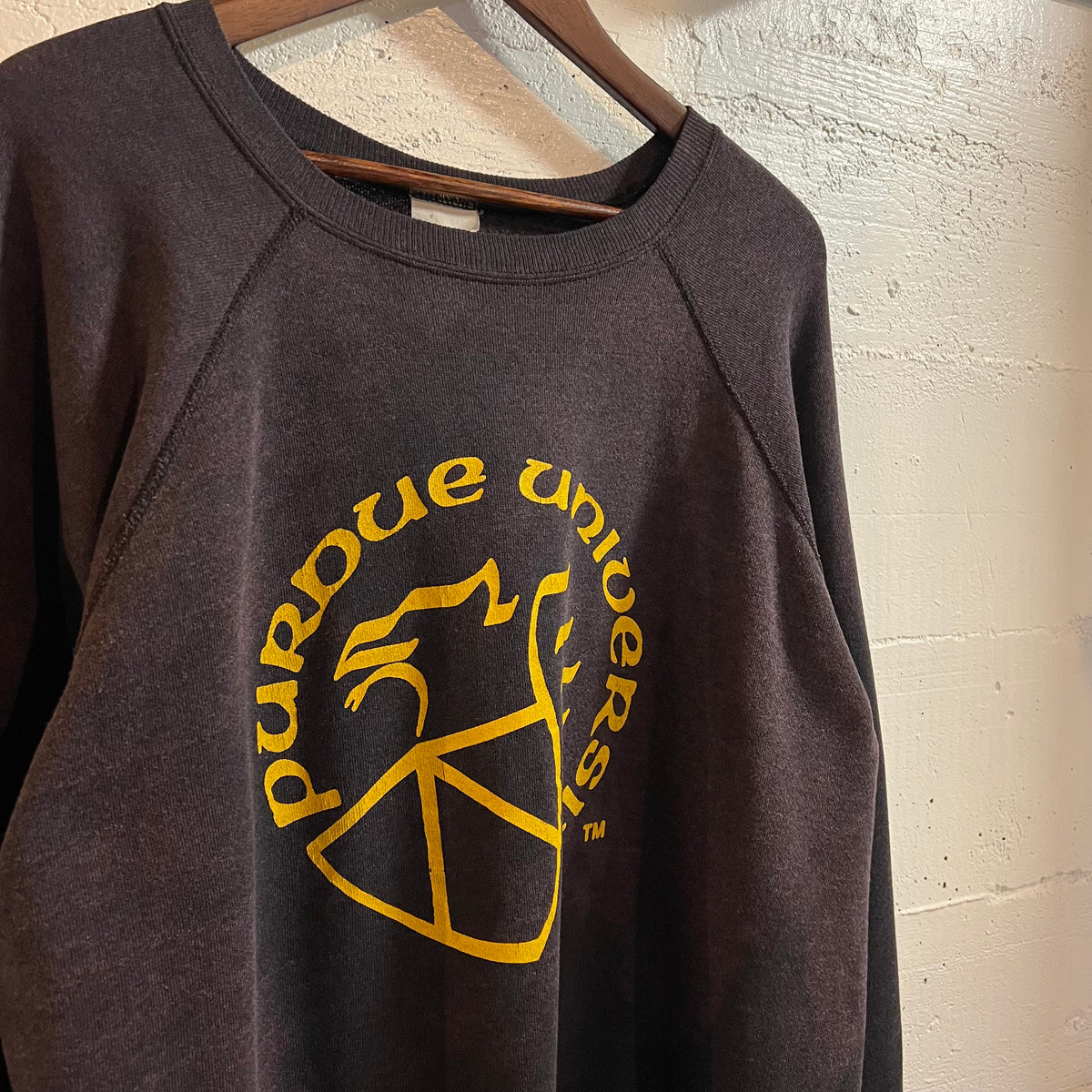 Vintage 70’s/80’s Distressed Purdue University Raglan Sleeve Crewneck Sweatshirt - Size Large - Faded Black/Yellow