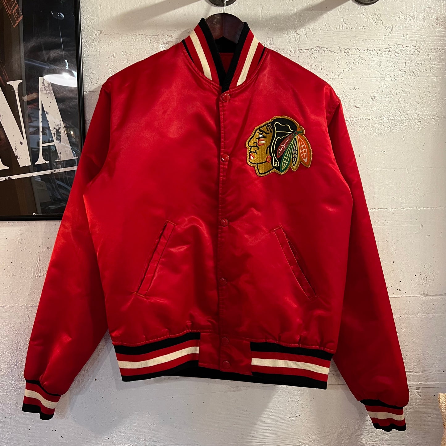Vintage 1980's Starter Chicago Blackhawks Satin Bomber Jacket - Size Medium - Made In USA - Red/Black