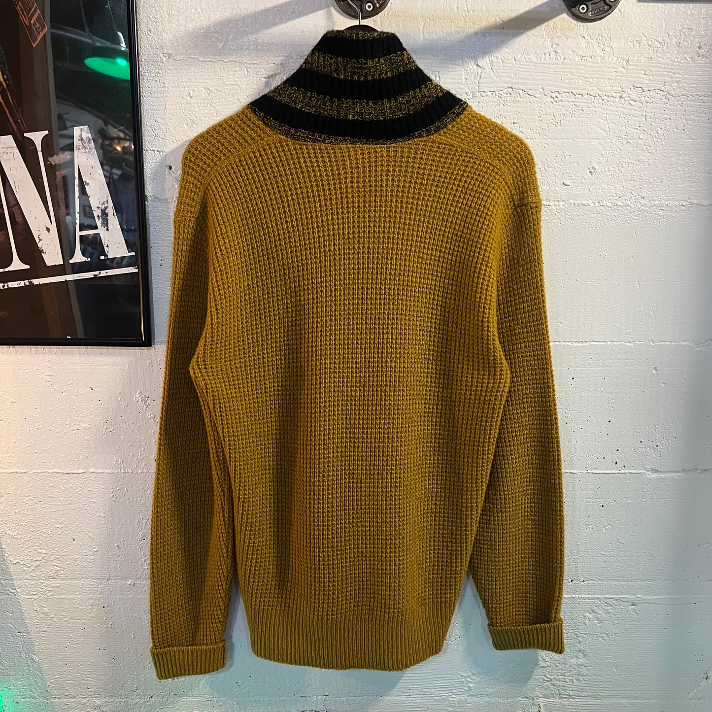 True Vintage 1950's Penney’s Towncraft Lambs Wool Large Shawl Collar Waffle Knit Sweater - Size Large - Mill 8244 - Mustard Yellow/Black
