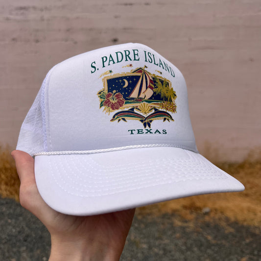 Vintage South Padre Island, Texas Snapback Mesh Trucker Hat - Size O/S - White/Multicolor