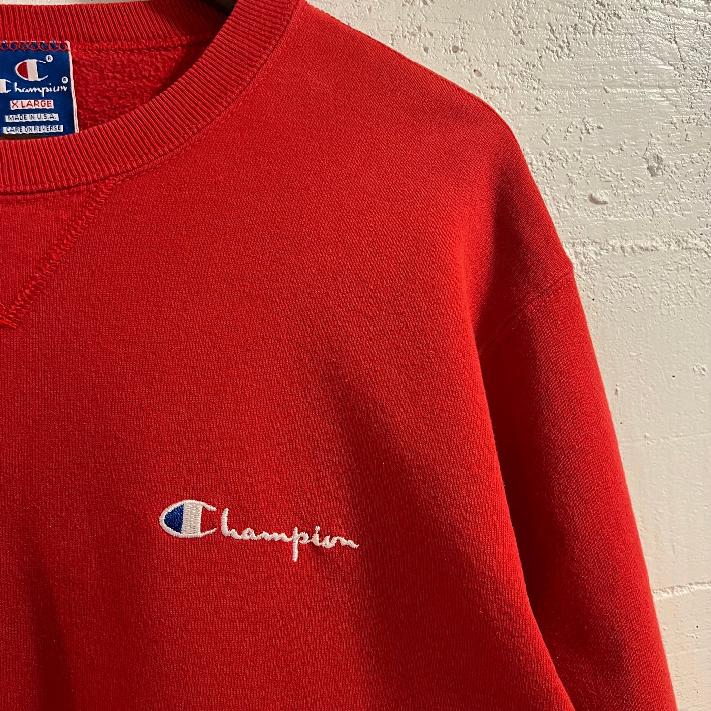 Vintage 80's/90's Champion Classic Script Embroidered Single "V" Crewneck Sweatshirt - Size XL - Made In USA - Red
