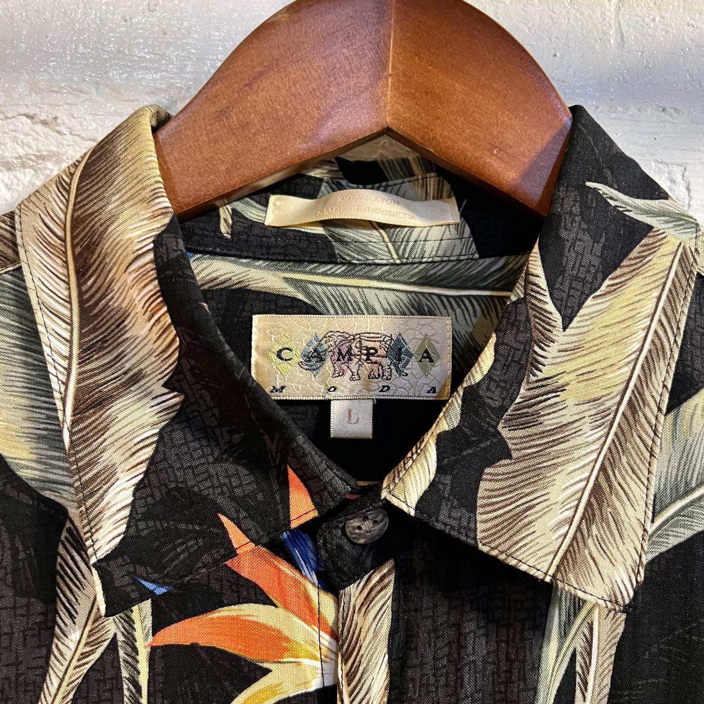 Vintage Campia 100% Rayon Aloha/Hawaiian 'Bird of Paradise' Floral Shirt - Size Large - Black/Multi