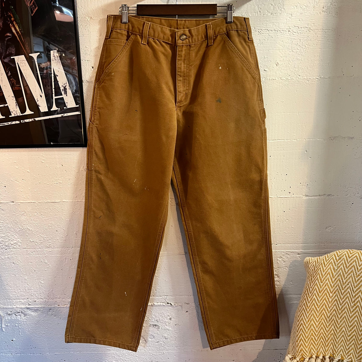 Distressed Carhartt Duck Canvas Original Dungaree Fit Carpenter Work Pants - Size 32" x 29" - 100% Cotton - Tan - B11-BRN
