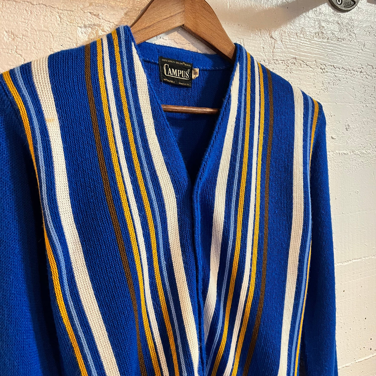Vintage 60’s Campus Vertical Striped Knitted Cardigan Sweater - Size Youth XL (16) - Made In USA - Royal Blue/Multi