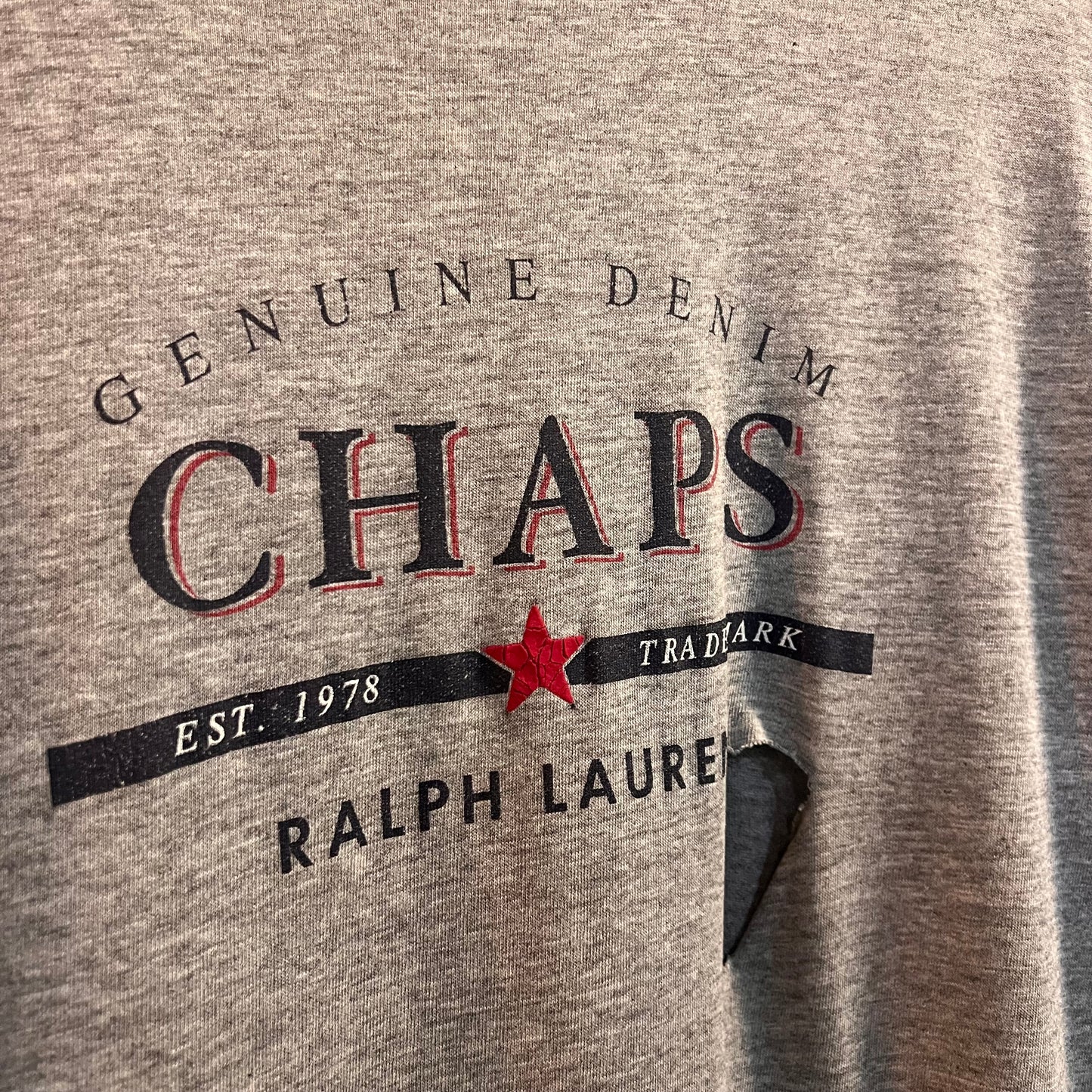 Vintage Distressed Chaps Ralph Lauren Ringer T-Shirt -Size Large - Grey/Navy/Red/White