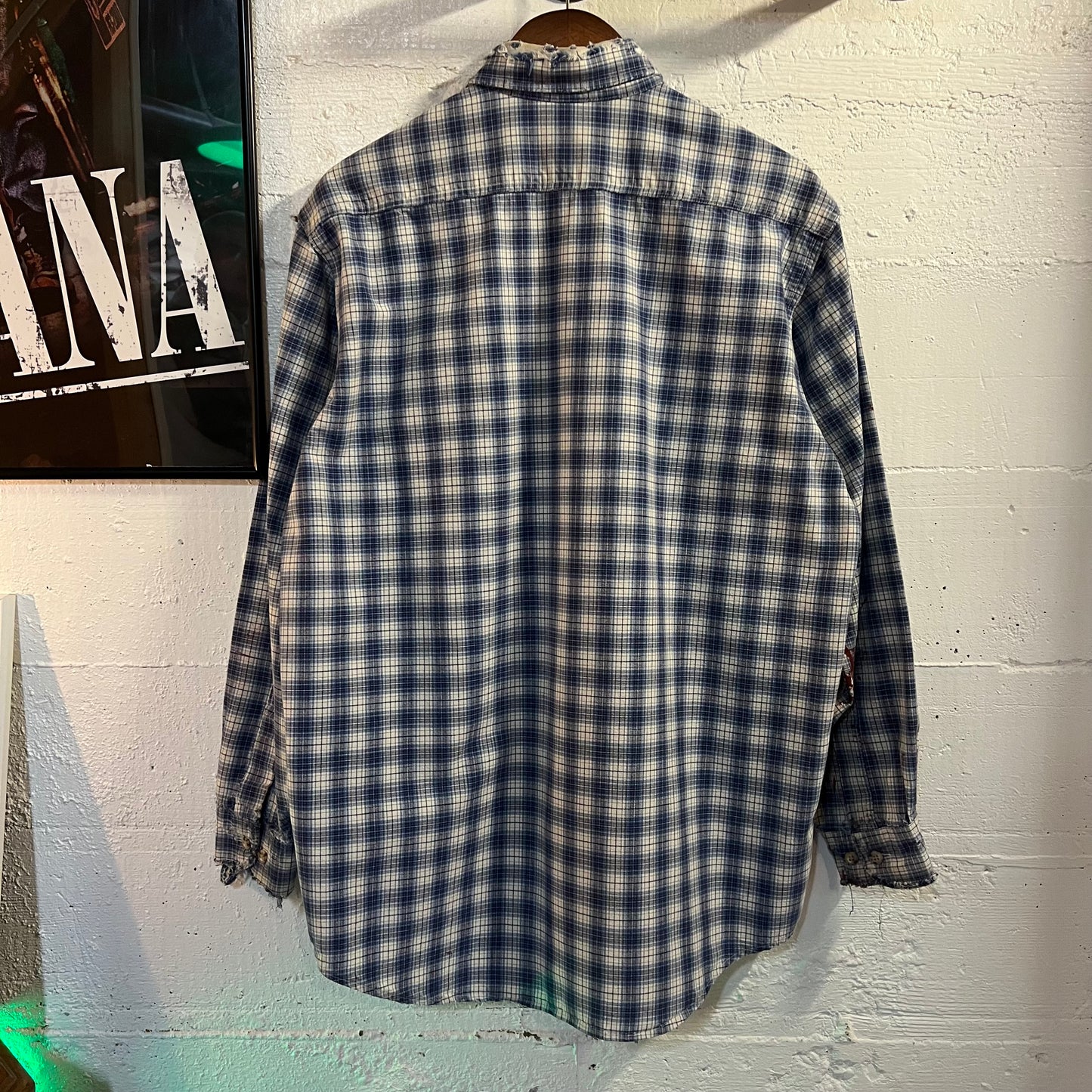 Vintage 90's Distressed Carhartt Painters Shadow Plaid Button Down Shirt - Size Medium - Union Made In USA - Blue/White