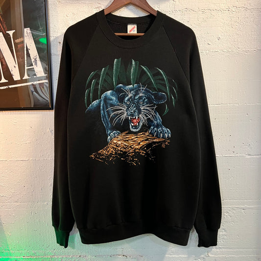 Vintage 1989 LSJ Sportswear ‘Jungle Panther’ Raglan Crewneck Sweatshirt - Size 2XL - Made In USA - Black/Multicolor
