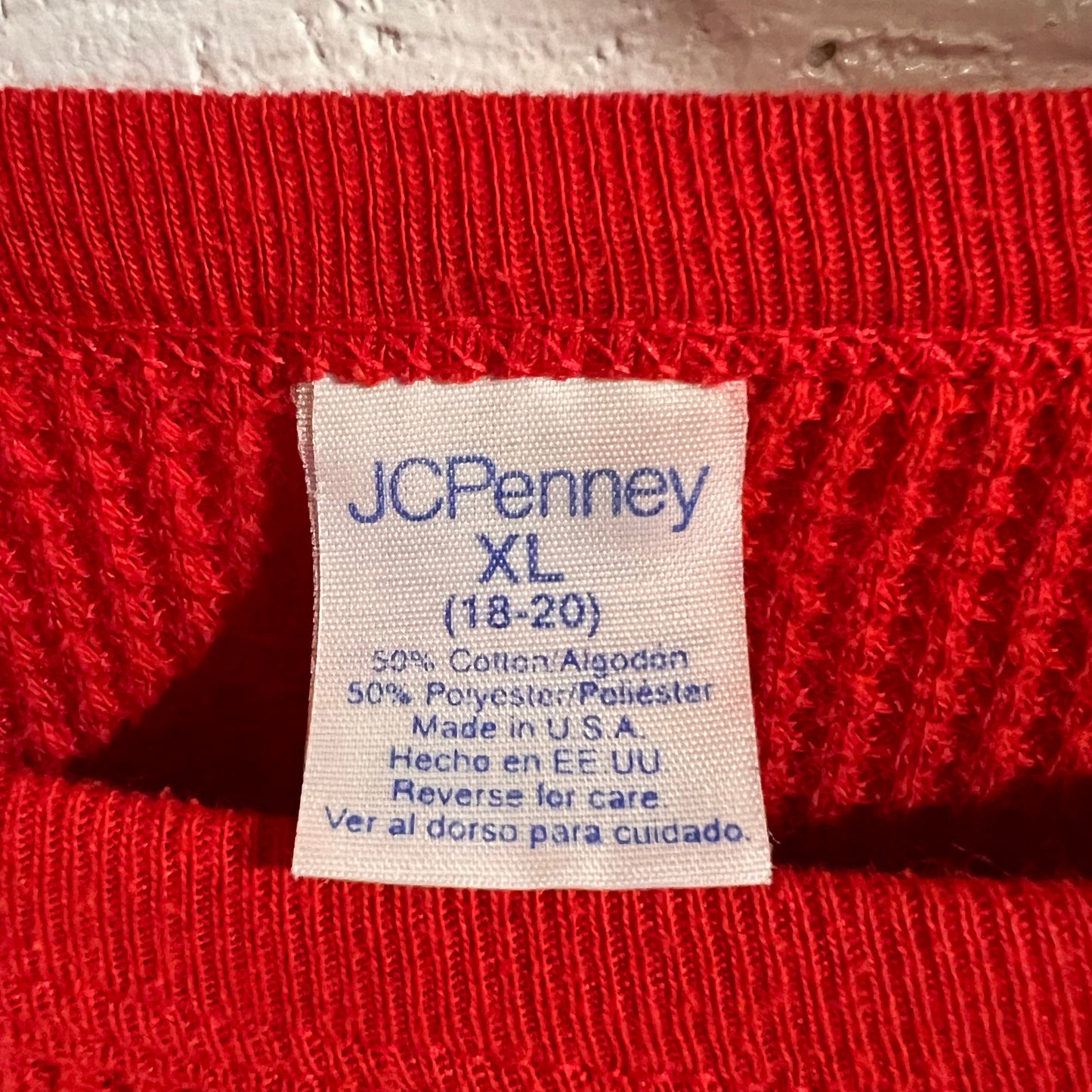 Vintage 80's JCPenney Waffle Knit Long Sleeve Thermal Shirt - Size Youth XL - Made In USA - Cotton/Poly Blend - Red