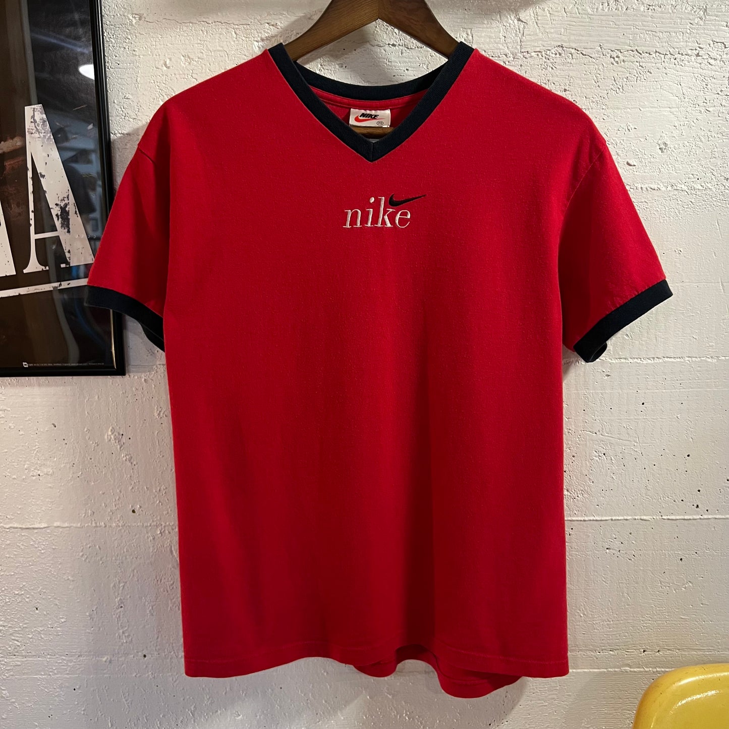 Vintage 90’s Embroidered Nike V-Neck Ringer Baby Tee - Size Medium - Made In USA - Red/Black/White
