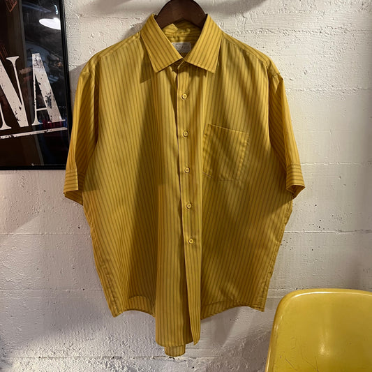 True Vintage Manhattan Custom Limited Short Sleeve Striped Button Up Shirt - Size XL (17) - Union Made In USA - Mustard/Gray