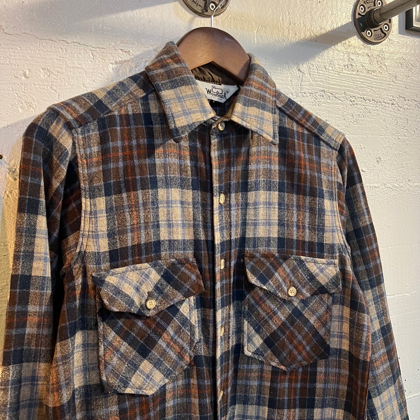 Vintage 1970's Woolrich Wool Plaid Flannel Shirt - Size Medium - Made In USA - Blue/Orange/Gray