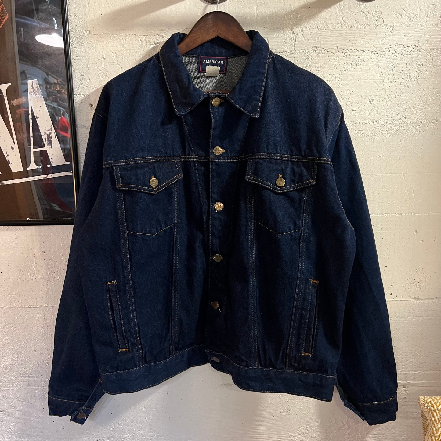 Vintage 90's American Hero Raw Denim Trucker Jacket - Size Large - Dark Indigo Denim - 100% Cotton
