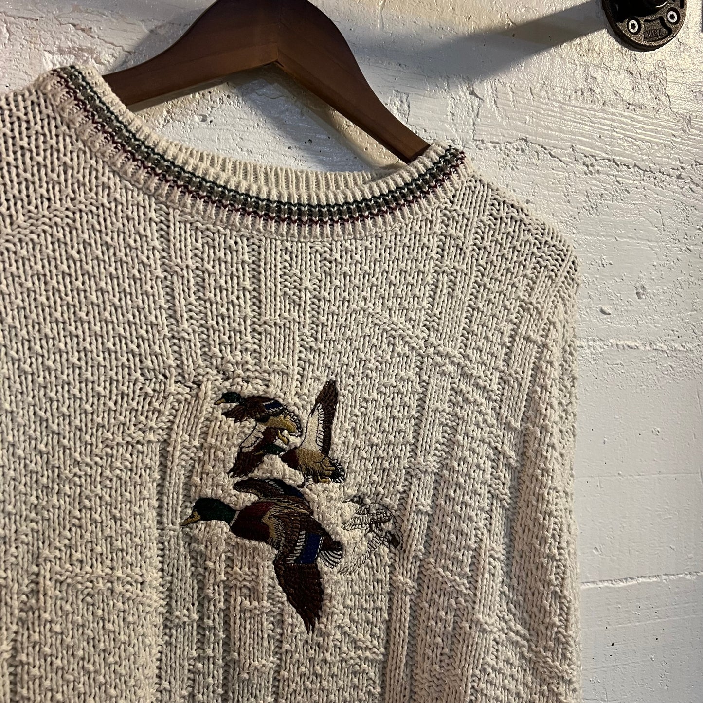 Vintage 90's Croft & Barrow Heavy Knit Cotton Duck Sweater - Size XL - Made In USA - Cream/Maroon/Teal