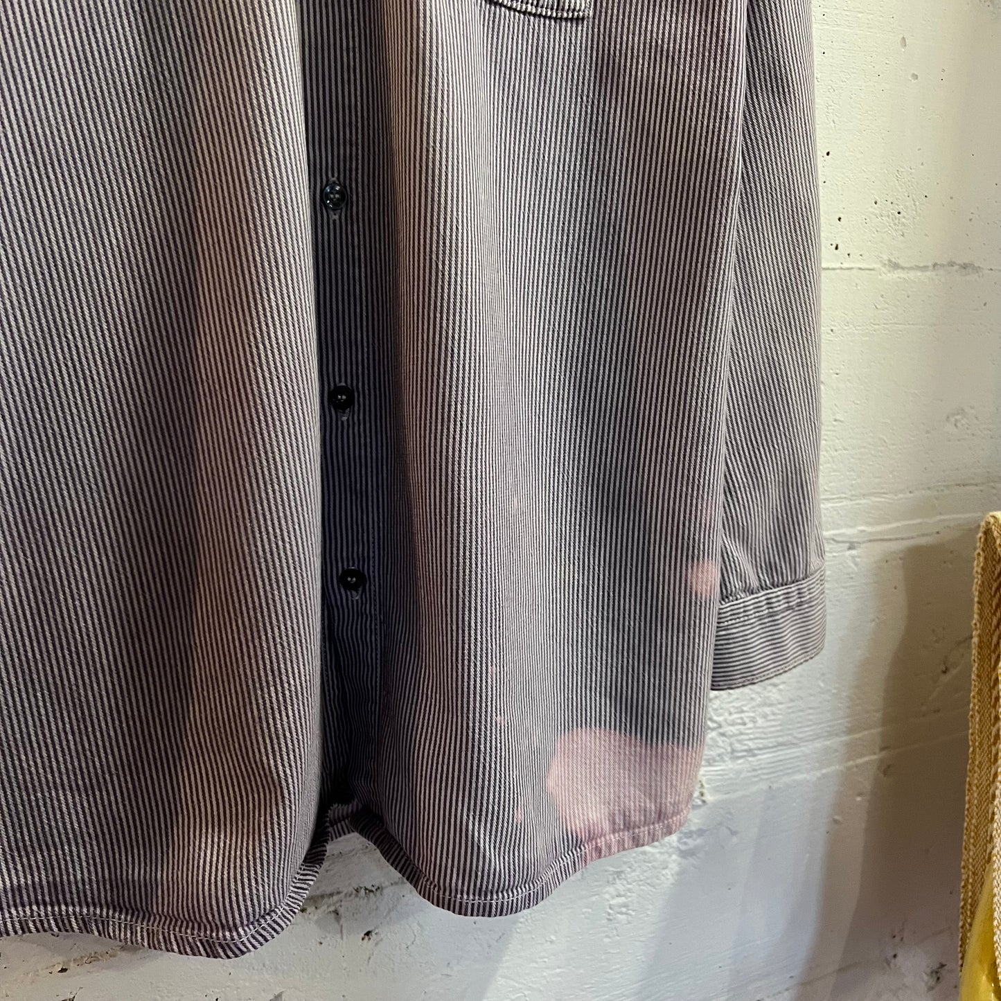 Vintage 90’s Distressed Prison Blues Pin Striped Long Sleeve Button Up Shirt - Size Large - Made In USA - White/Purple