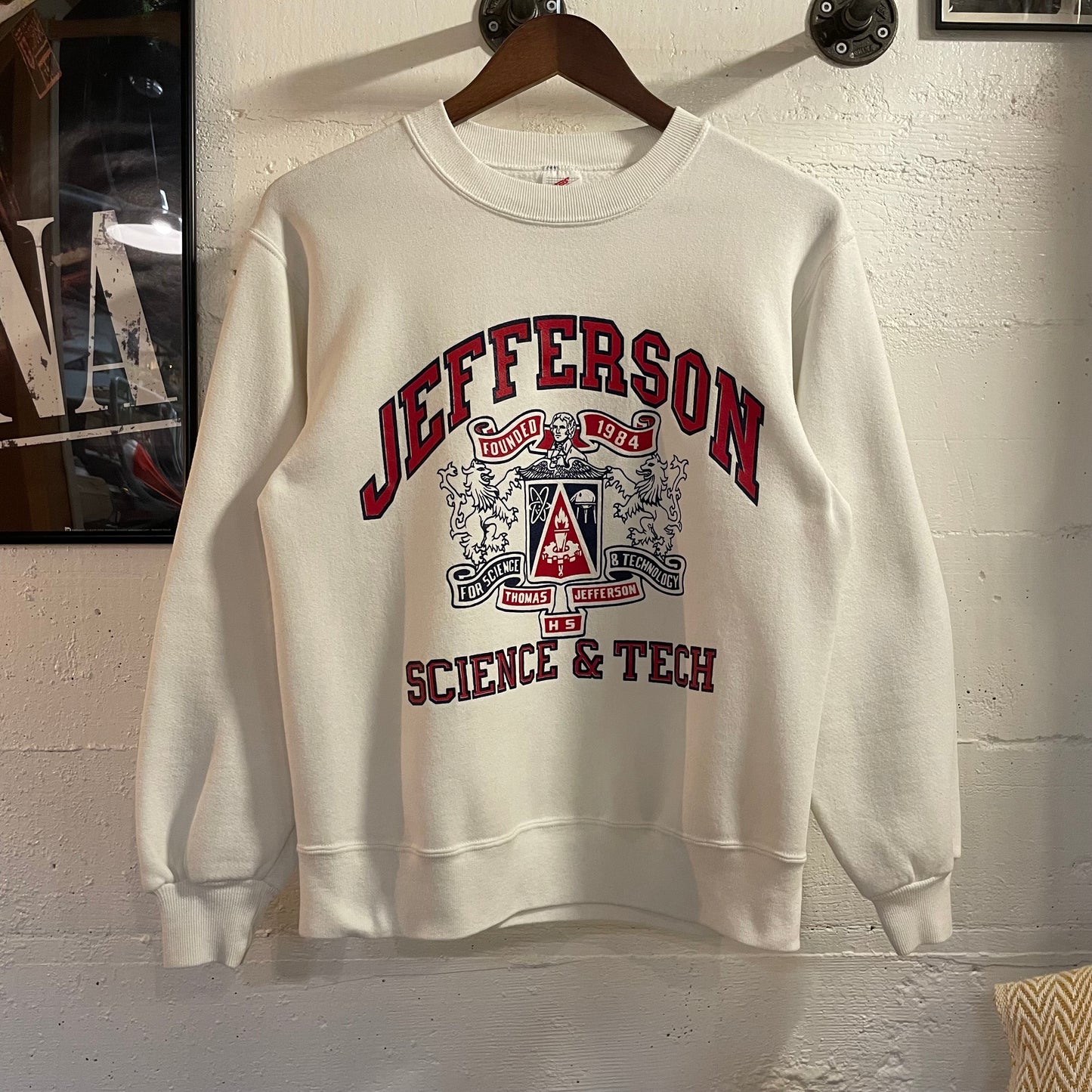 Vintage 90’s Jerzees Jefferson Science & Tech HS Crewneck Sweatshirt - Size Small - Made In USA - White/Navy/Red