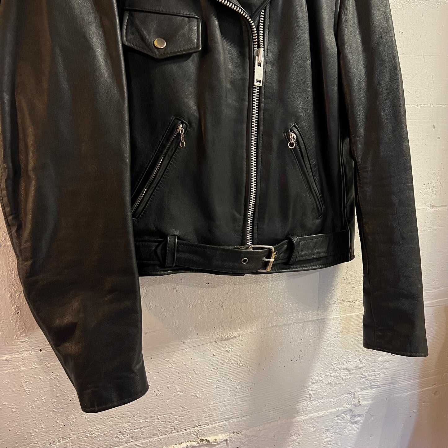 Vintage 1980's Berman's Leather Moto Biker Jacket - Size 14 (Medium) - Genuine Leather - Black