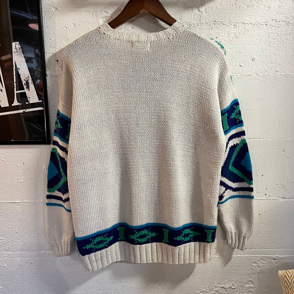 Vintage Handmade By Susann D. Southwestern Knitted Sweater - Size Small - White/Blue/Turquoise/Green
