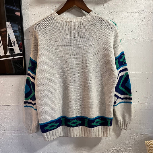 Vintage Handmade By Susann D. Southwestern Knitted Sweater - Size Small - White/Blue/Turquoise/Green