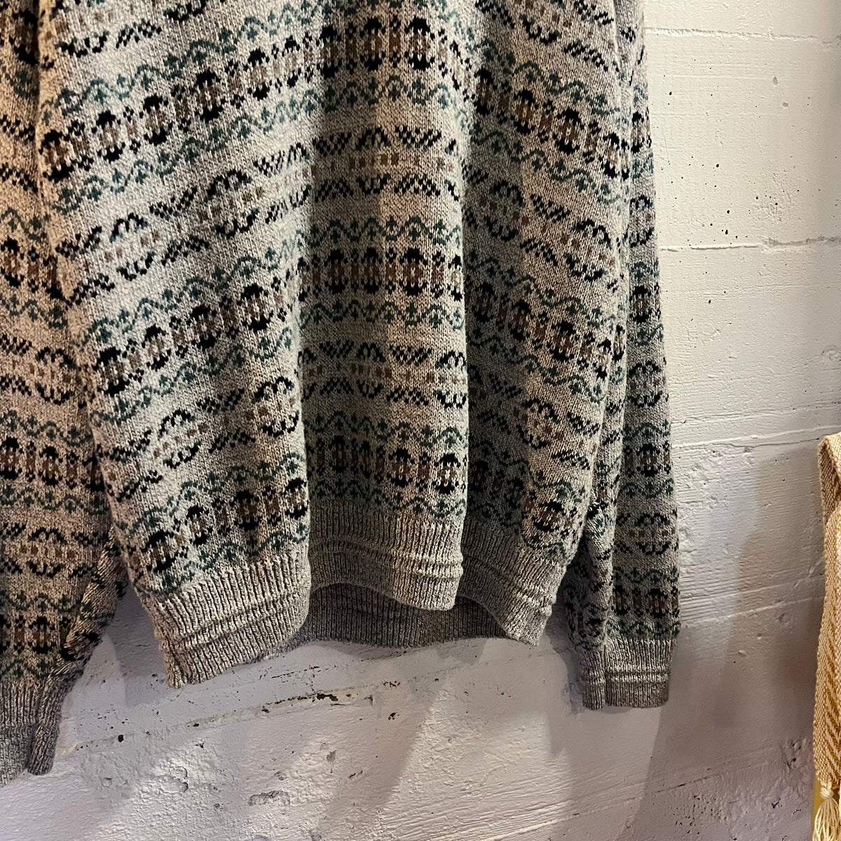 Vintage 90’s Jantzen Fair Isle Geometric Knitted V-Neck Sweater - Size Large - Made In USA - Grey/Blue/Black/Tan