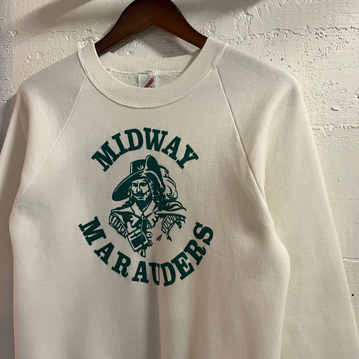 Vintage 80’s Jerzees Midway Marauders Raglan Sleeve Crewneck Sweatshirt - Size Small - Made In USA - White/Green