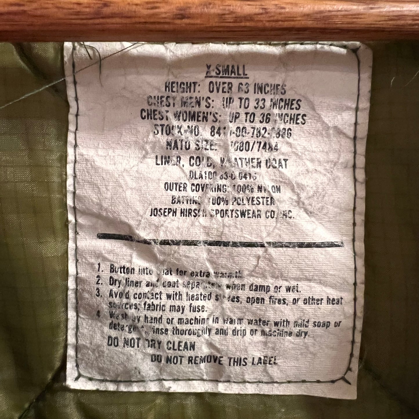 Vintage 80's U.S. Military Issue Cold Weather M-65 Coat Liner - Size XS - Made In USA - Olive Drab