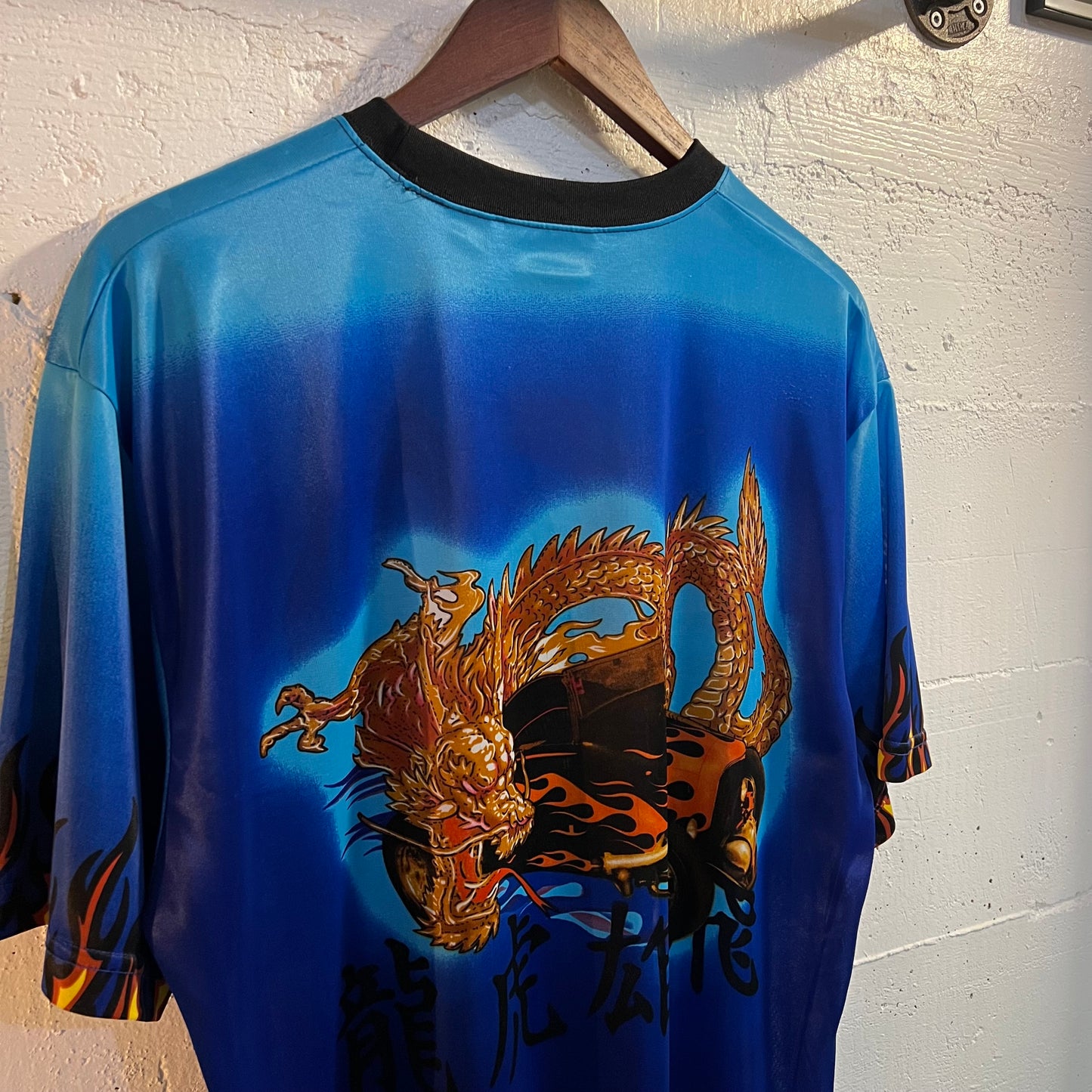 Vintage Y2K Fine Sheer Mesh Dragon Kanji Hot Rod T-Shirt - Size Large - Blue/Multi