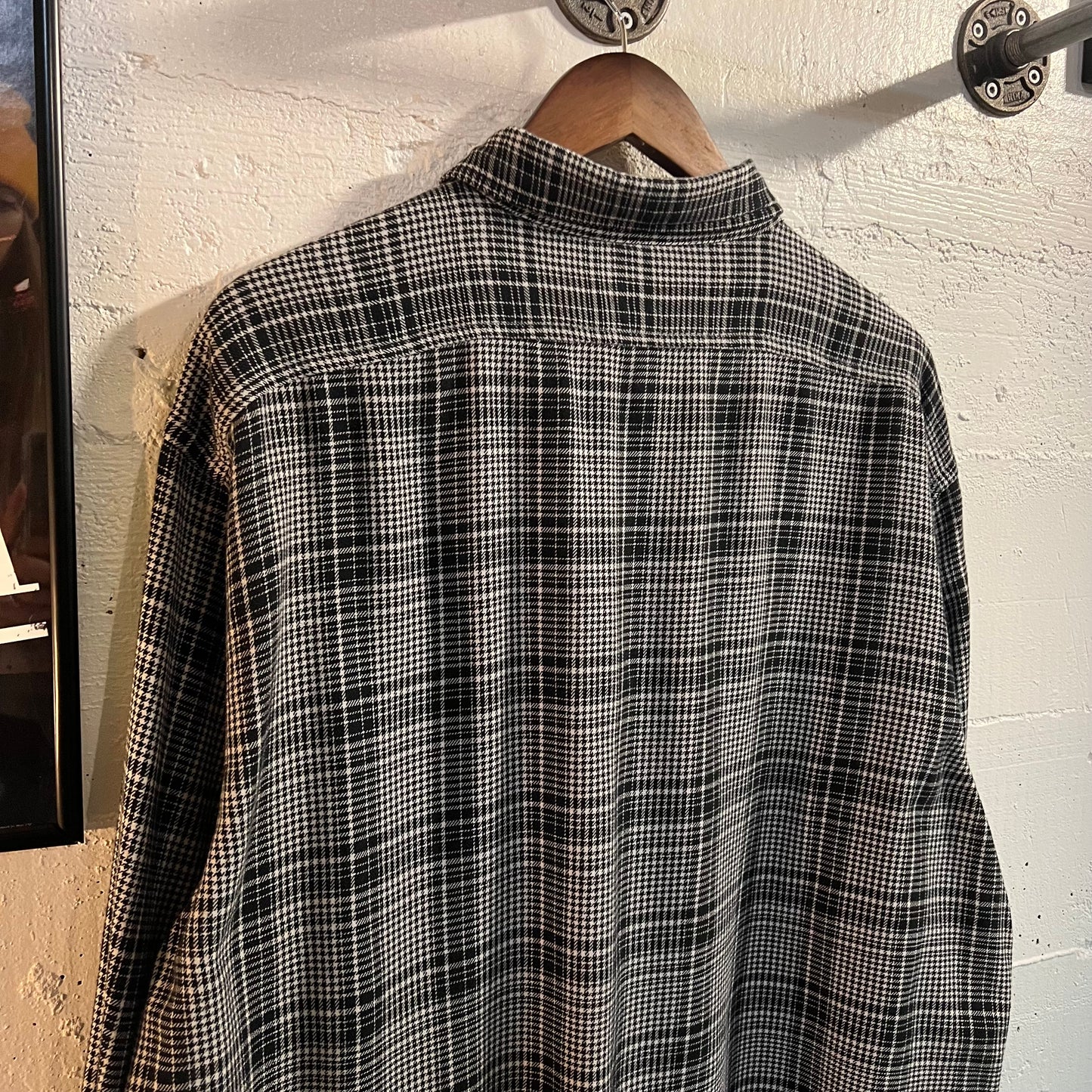 Vintage 90's Polo Jeans Ralph Lauren Houndstooth Micro Plaid Button Up Cotton Flannel Shirt - Size XL - Black/White