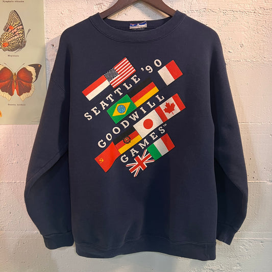 Vintage 1990 Seattle Goodwill Games Universal Flag Crewneck Sweatshirt - Size Large - Made In USA - Navy