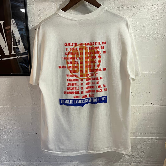 Vintage 1993 Charlie Daniels Band Tour Single Stitch T-Shirt - Size XL - Made In USA - White/Multicolor