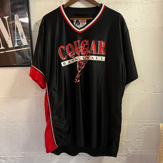 Vintage 90’s Sports Belle Inc. Cougars Basketball Mesh Jersey - Size Large - Made In USA - Black/Red/White