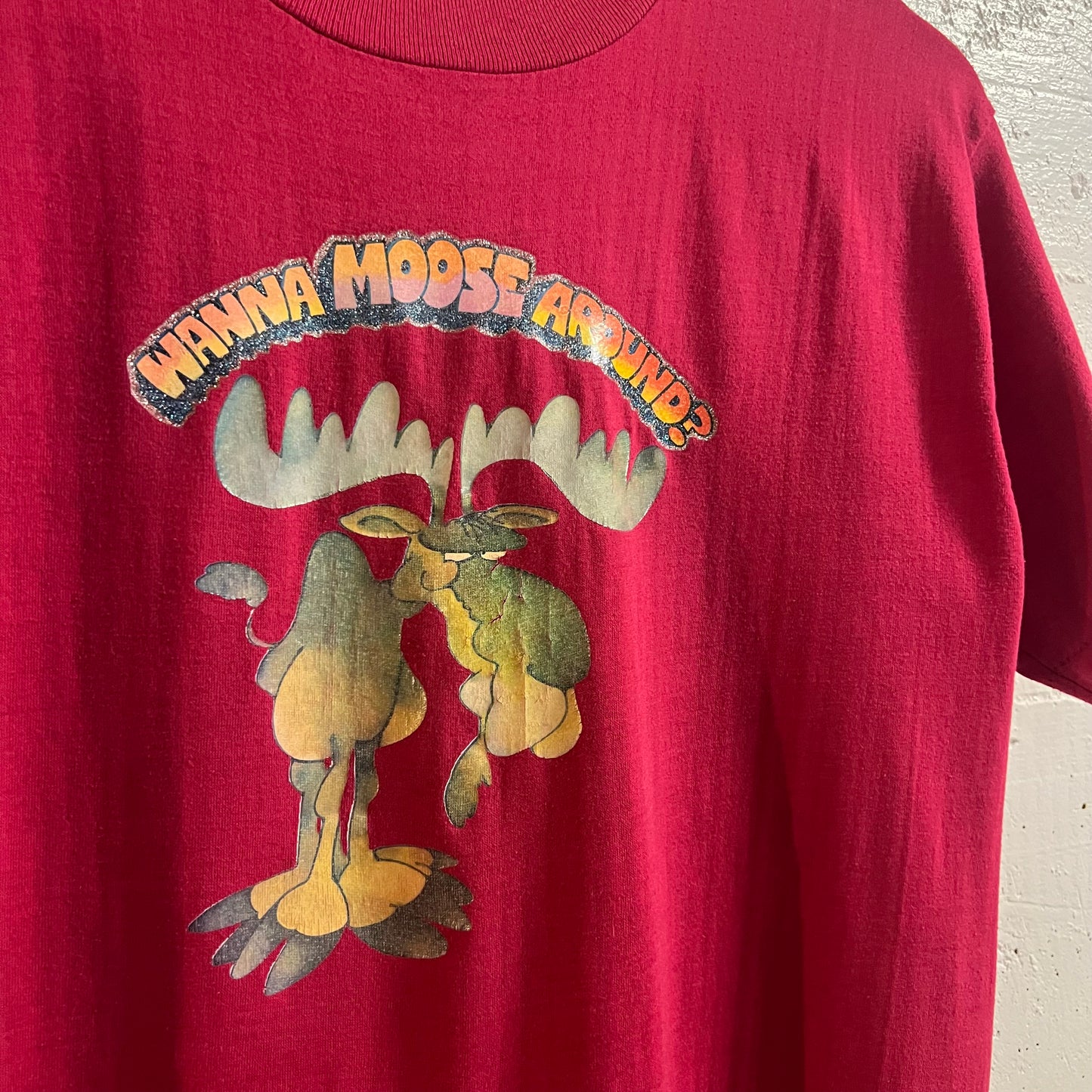 Vintage 80’s Wanna Moose Around? Vinyl Graphic Single Stitch T-Shirt - Size M/L - Reddish  Pink